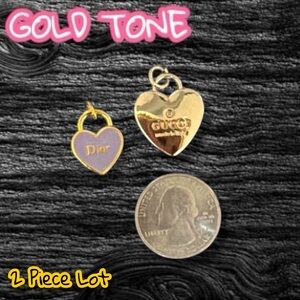 LAST ONE - Lot of 2 Assorted Heart Gold Tone Zipper Pull Button Charms